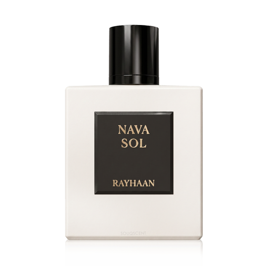 A square white fragrance bottle with a black cap and a central black label reading 'NAVA SOL' and 'RAYHAAN' in gold lettering, on a clean white background.