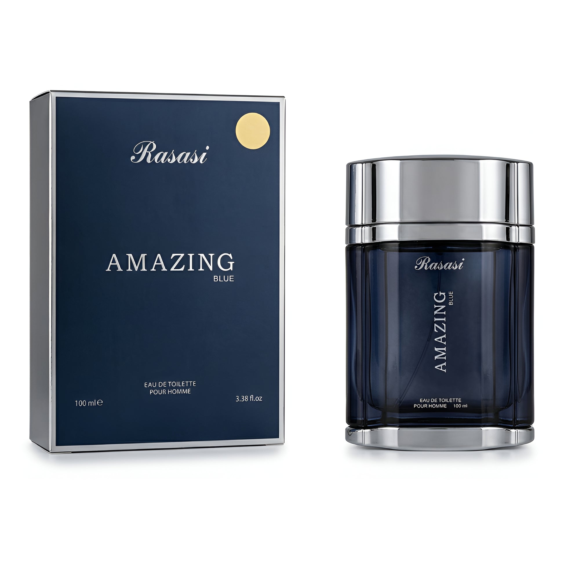 Rasasi Amazing Blue perfume bottle and packaging on a white background