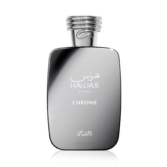 A sleek, metallic silver bottle of Hawas Chrome fragrance for men, featuring Arabic and English text on a clean white background.