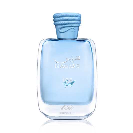 A bottle of HAWAS ICE FREEZE perfume by Souq Scent, featuring a clear glass bottle with light blue liquid and a textured light blue cap, set against a plain white background.