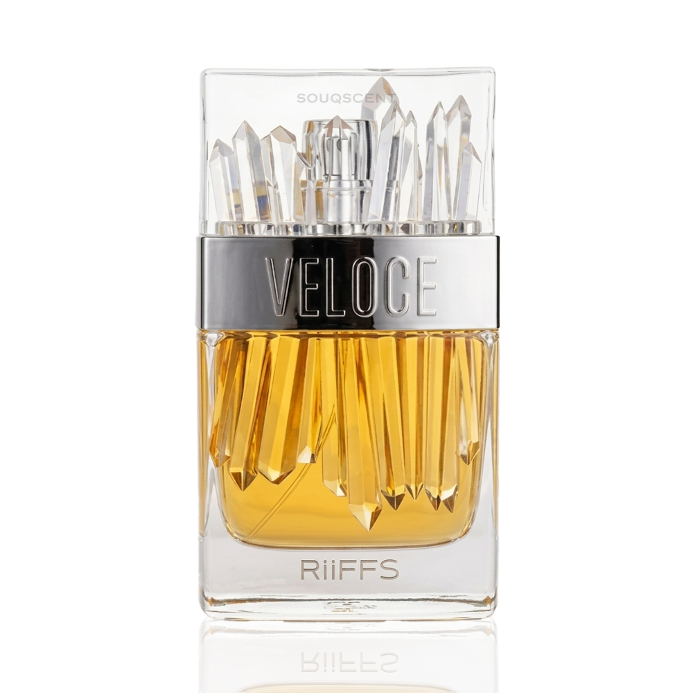 Perfume bottle labeled 'Veloce' by Riiffs on a white background