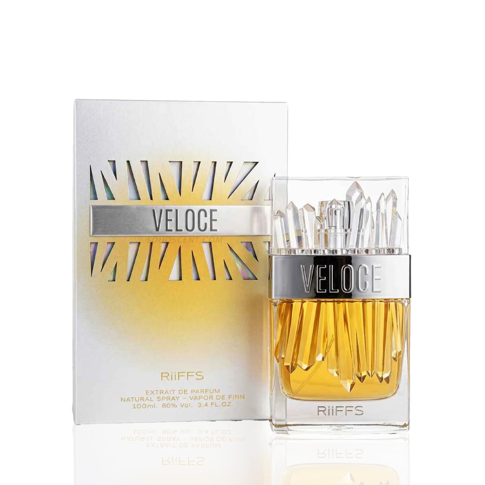 Riiffs Veloce perfume bottle and packaging on a white background