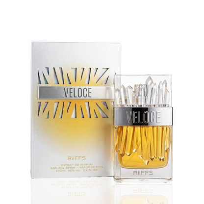 Riiffs Veloce perfume bottle and packaging on a white background