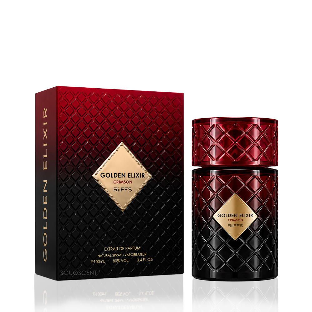 GOLDEN ELIXIR CrIMSON RIffs perfume shown with its retail box and matching bottle. The packaging features a red-to-black gradient with a textured diamond pattern and a gold diamond-shaped label.