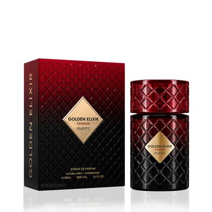 GOLDEN ELIXIR CrIMSON RIffs perfume shown with its retail box and matching bottle. The packaging features a red-to-black gradient with a textured diamond pattern and a gold diamond-shaped label.