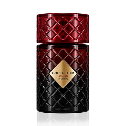 Sougoucent Golden Elixir Crèmon RèfFS perfume bottle in a dark red and black gradient with a textured diamond pattern and a gold diamond-shaped label.
