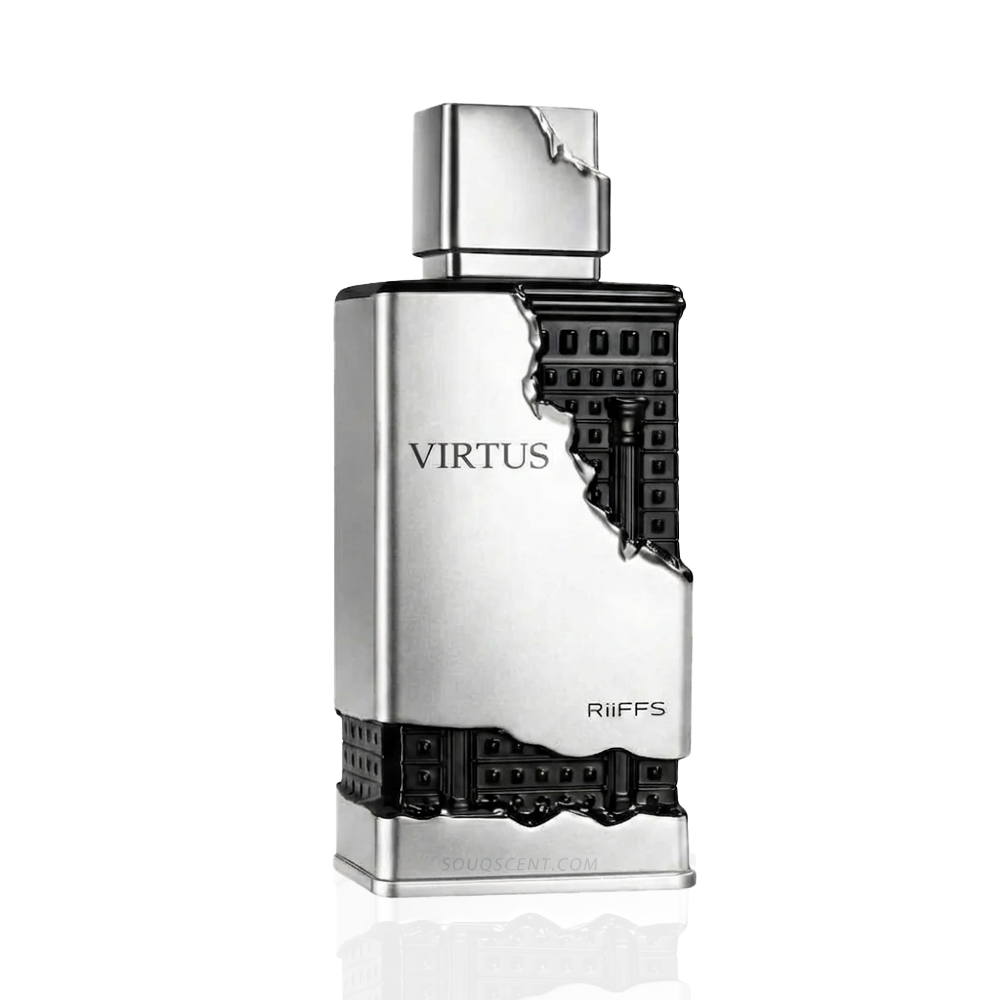 Silver and black lighter with 'Virtus' branding on a white background