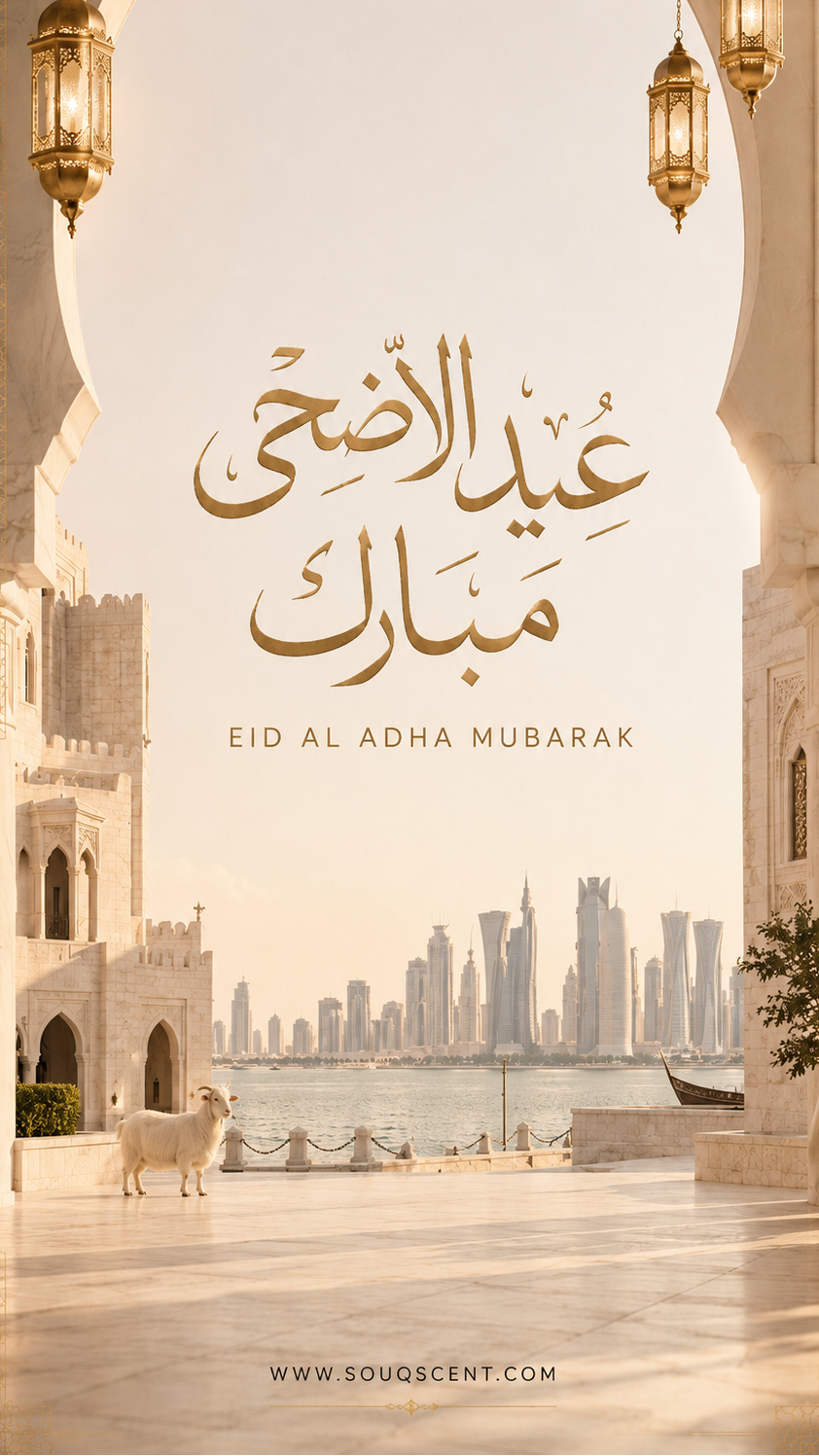 Eid Al Adha Mubarak card with architectural design and doha skyline.