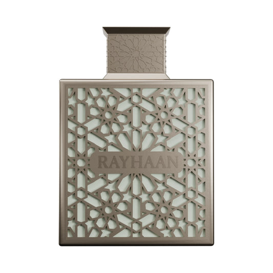 Perfume bottle with intricate design and 'RAYHAAN' branding on a white background