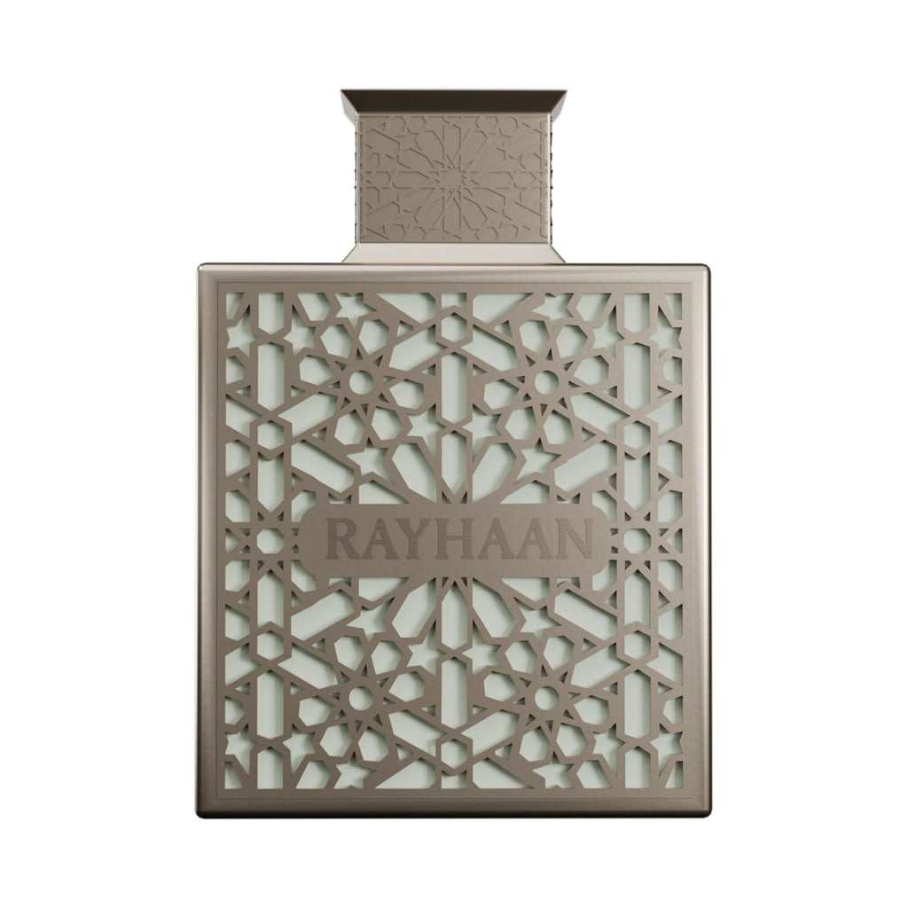 Perfume bottle with intricate design and 'RAYHAAN' branding on a white background