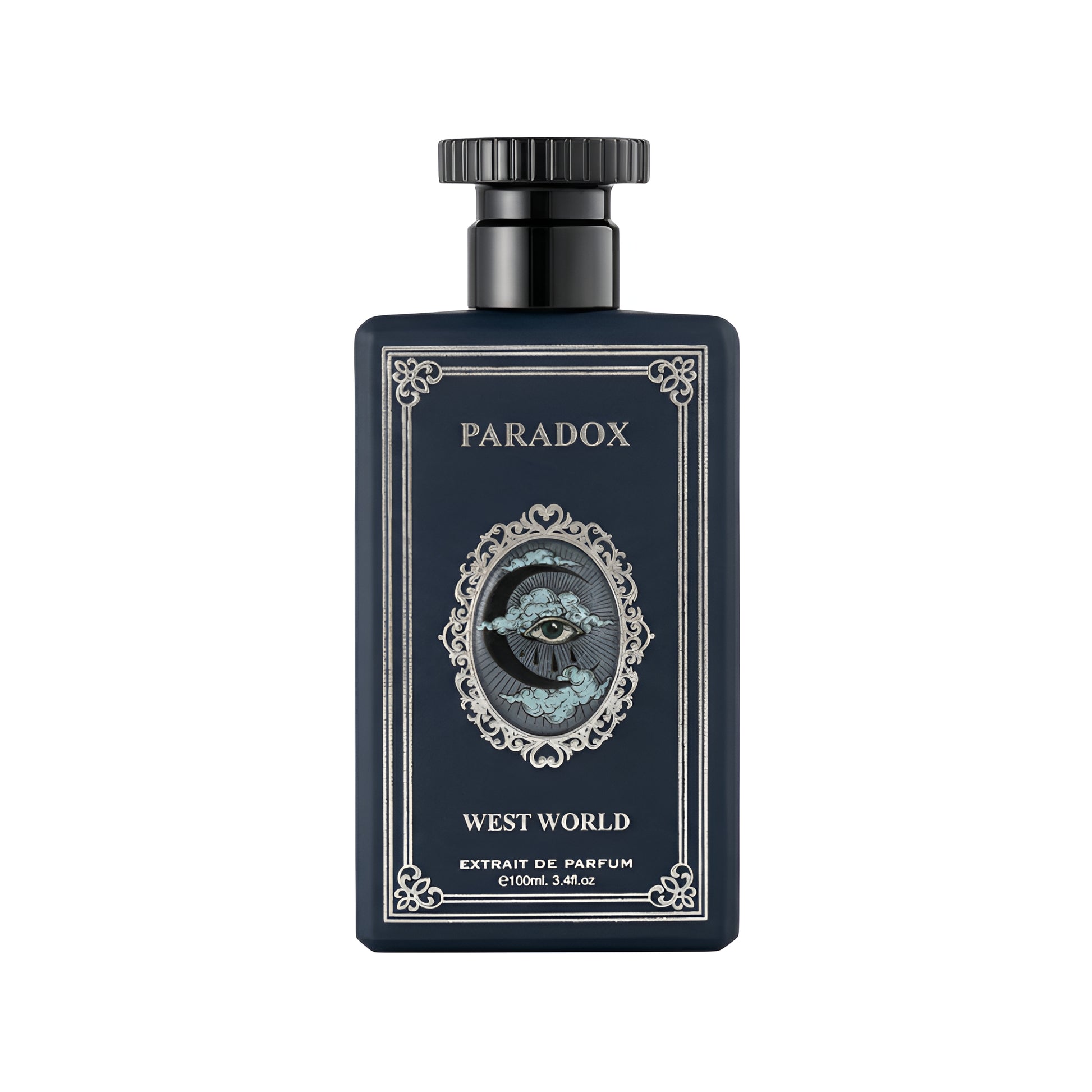 Perfume bottle labeled 'Paradox' with decorative design on a white background