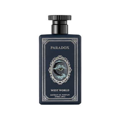 Perfume bottle labeled 'Paradox' with decorative design on a white background