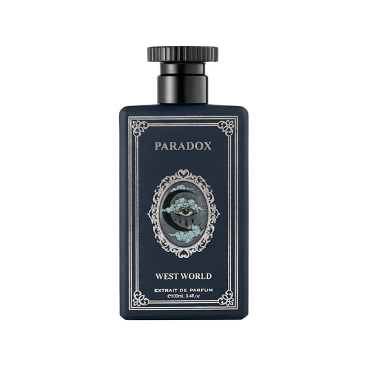 Perfume bottle labeled 'Paradox' with decorative design on a white background