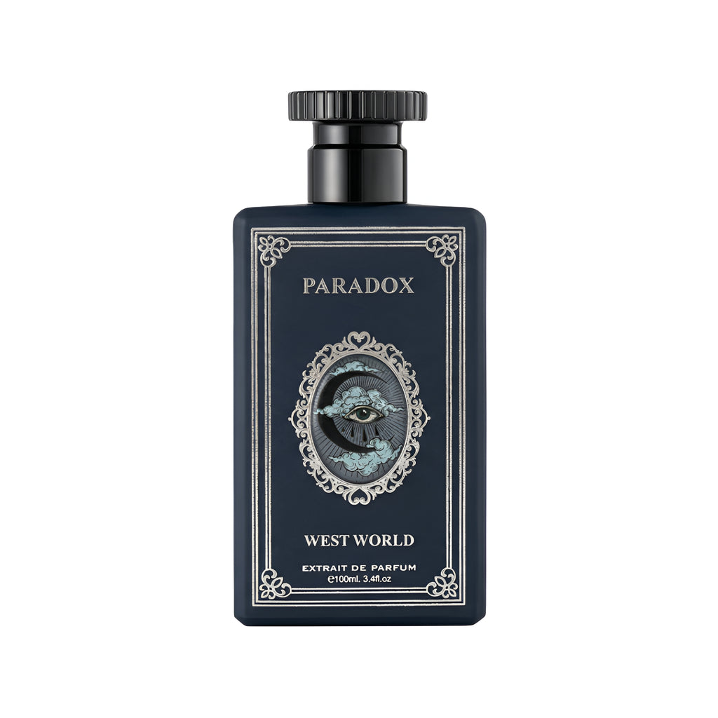Perfume bottle labeled 'Paradox' with decorative design on a white background