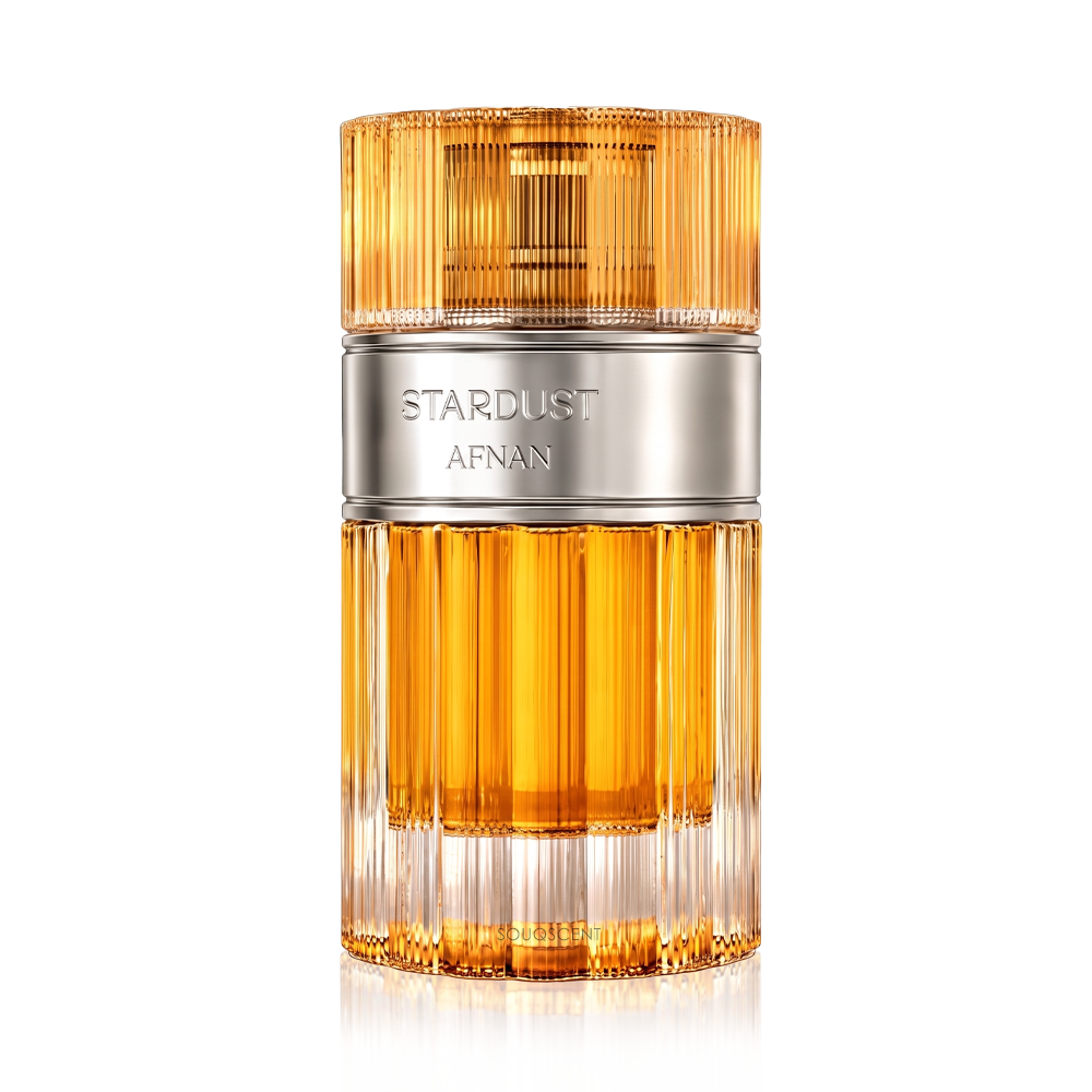 A bottle of Afnan Stardust perfume with a faceted amber glass body, a silver metallic band in the middle, and a matching amber cap, set against a plain white background.