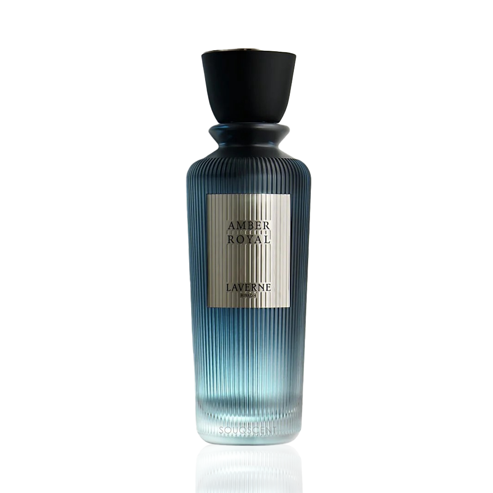A bottle of L'Avventura Amber Royal fragrance, featuring a ribbed gradient blue glass bottle with a black cap and a silver label, set against a plain white background.