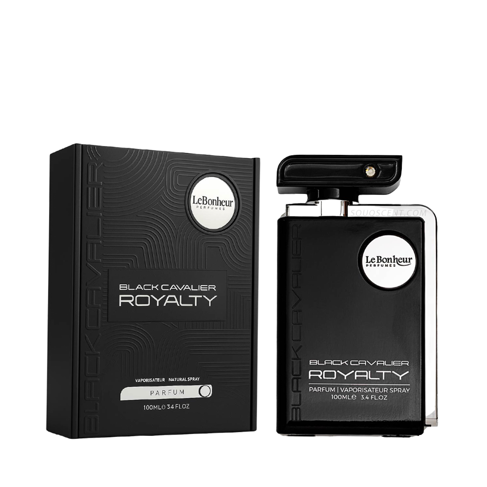 Le Bonheur Black Cavalier Royalty perfume bottle and packaging on a white background