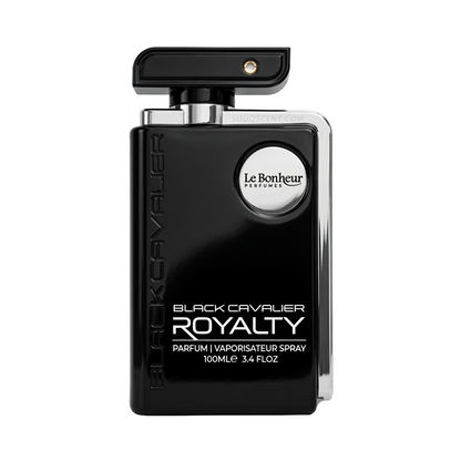 Black Cavalier Royalty perfume bottle by Le Bonheur on a white background