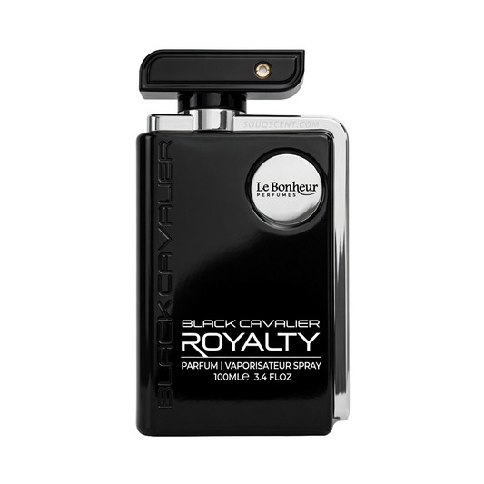 Black Cavalier Royalty perfume bottle by Le Bonheur on a white background