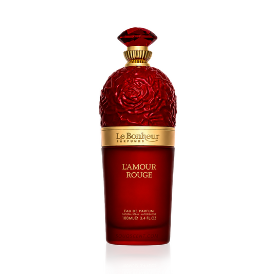 Red perfume bottle with gold cap on a white background