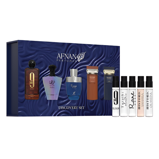 Afnan Perfumes Discovery Set with various perfume bottles on a blue box background