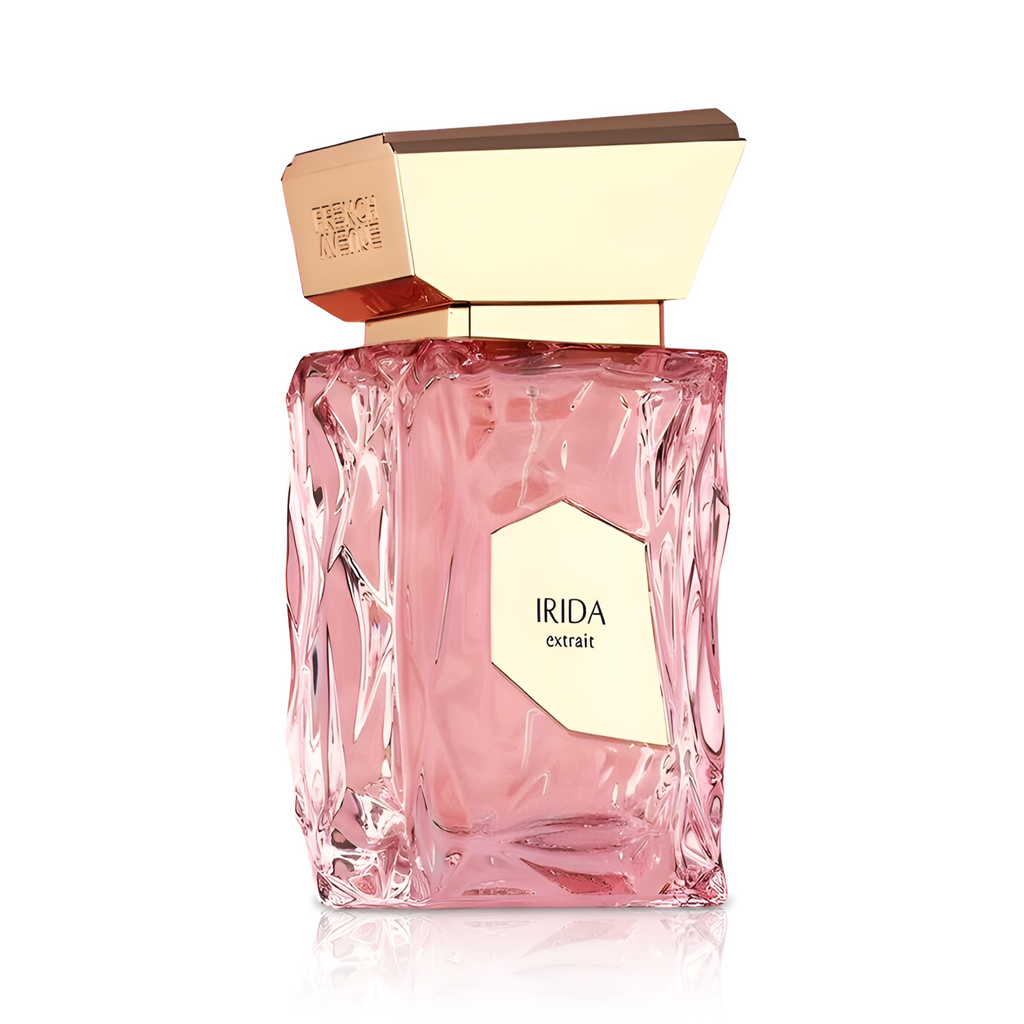 Pink perfume bottle with gold cap on a white background