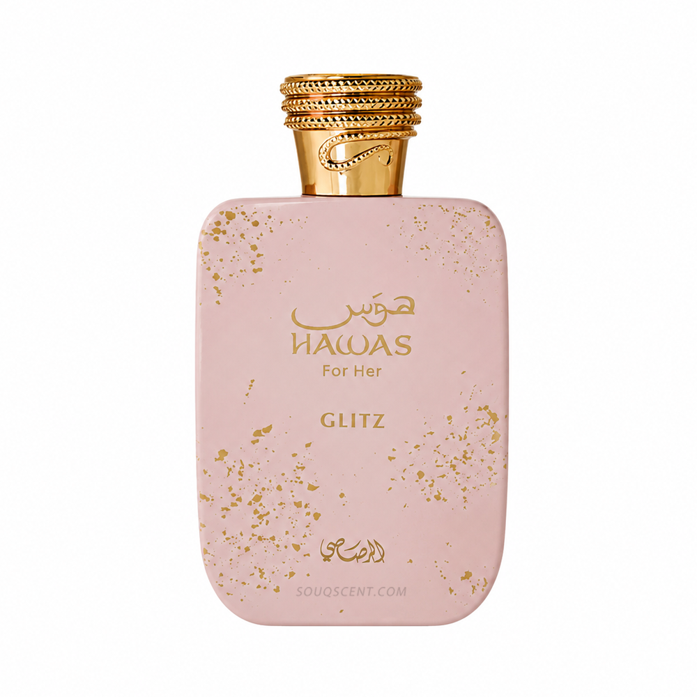 Pink perfume bottle with gold accents on a white background