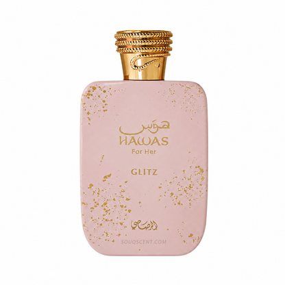 Pink perfume bottle with gold accents on a white background