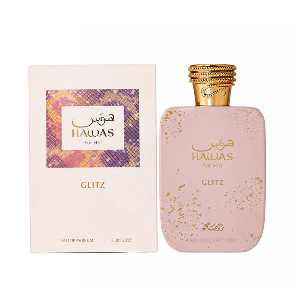 Hawas for Her Glitz perfume bottle and packaging on a white background